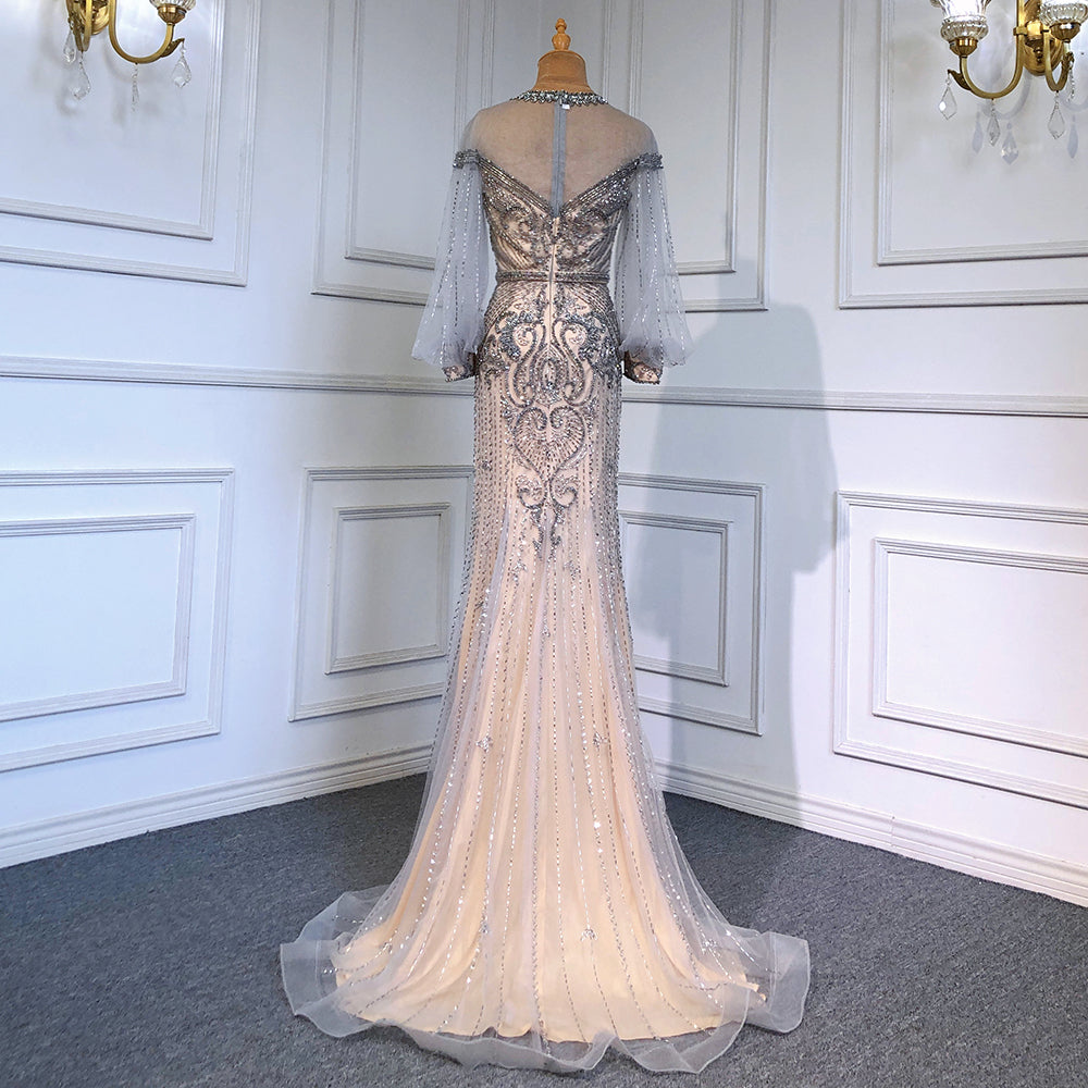Grau Nude Luxus Abendkleider Kleider 2025 Perlen Laterne Hülse Meerjungfrau Elegante Für Frauen Party LA71603 