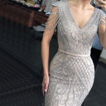 Grey Nude Mermaid Elagant Luxury Evening Gowns 2025 Beading Backless Sexy For Women Party  LA70799