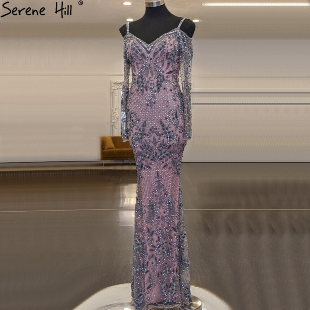 Vestidos de noche de sirena con cuentas en gris y rosa, elegantes y sexys, de lujo, para mujer, para fiestas, LA71279 
