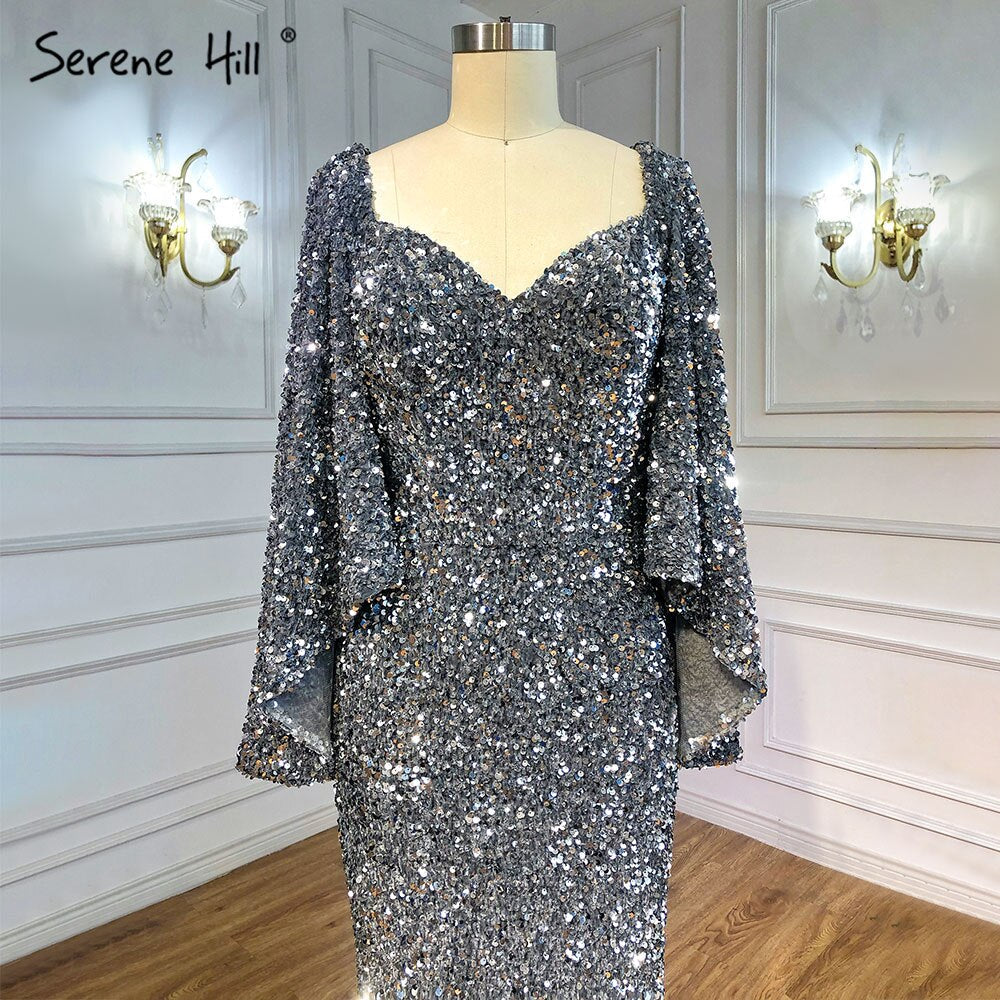 Grey Sliver Luxury Evening Dresses Gowns 2025 Elegant Sexy Flared Sleeves For Woman Party LA71178
