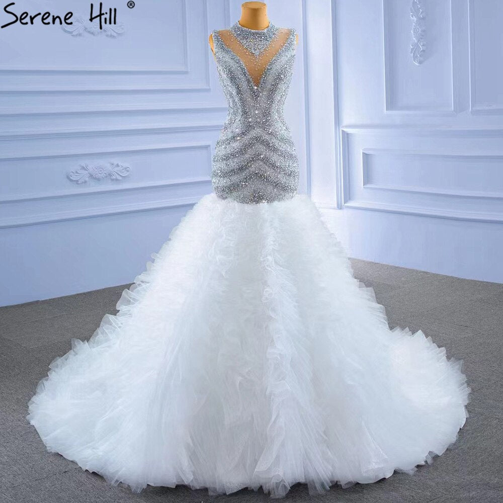 Grau Weiß Meerjungfrau Hochzeit Kleider 2025 Luxus Perlen Rüschen Elegante Braut Kleider HM67295 Nach Maß 