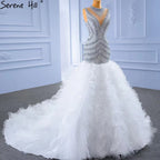 Grau Weiß Meerjungfrau Hochzeit Kleider 2025 Luxus Perlen Rüschen Elegante Braut Kleider HM67295 Nach Maß 
