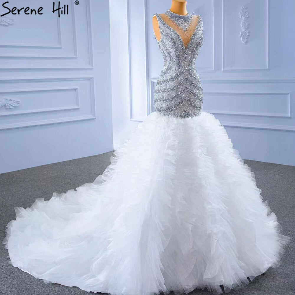 Grau Weiß Meerjungfrau Hochzeit Kleider 2025 Luxus Perlen Rüschen Elegante Braut Kleider HM67295 Nach Maß 