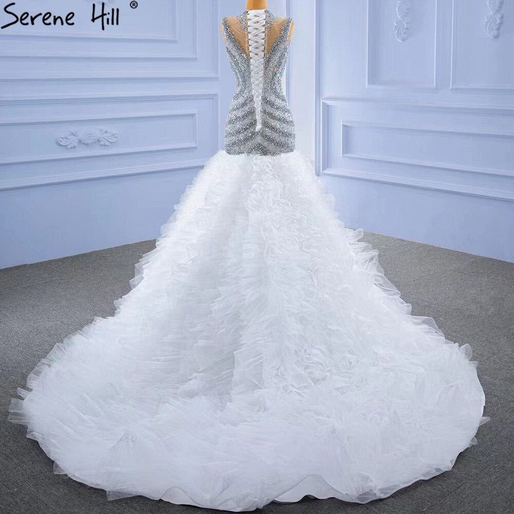 Grau Weiß Meerjungfrau Hochzeit Kleider 2025 Luxus Perlen Rüschen Elegante Braut Kleider HM67295 Nach Maß 