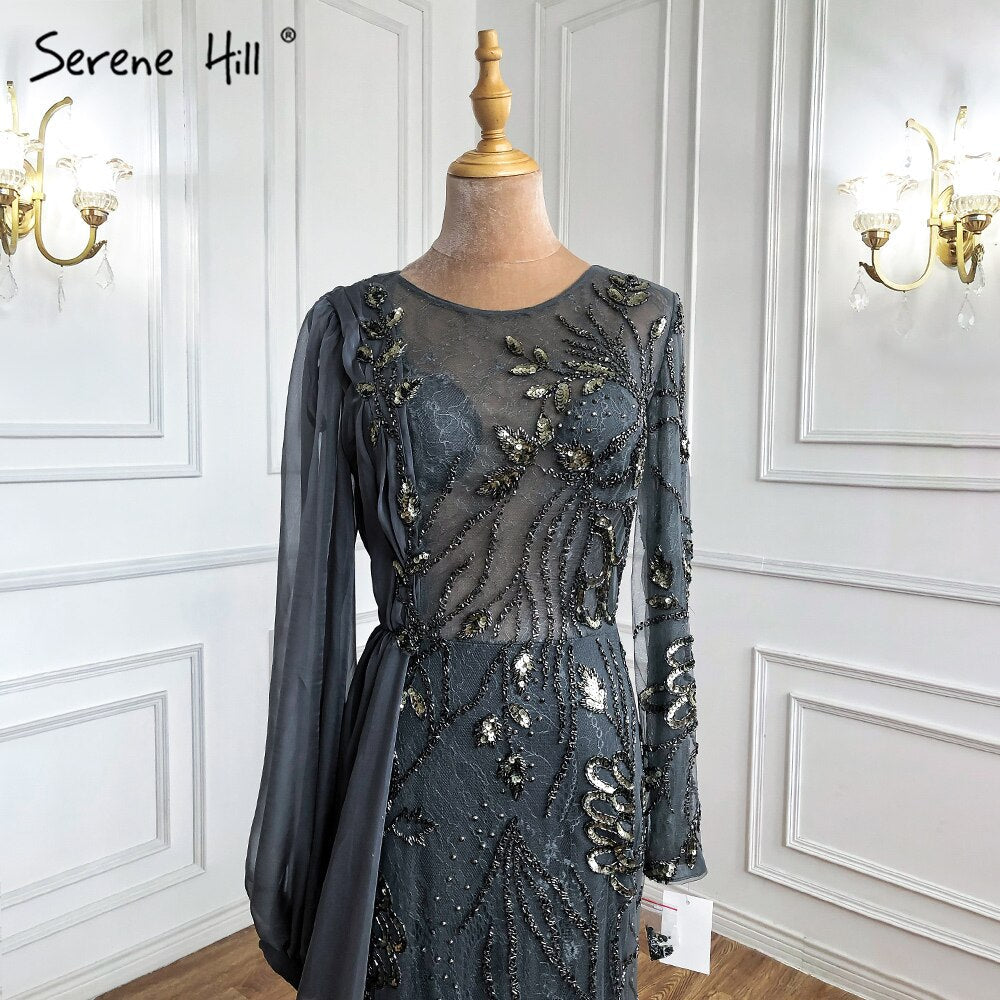 Grey With Overskirt Mermaid Evening Gowns Dresses Luxury Beaded Elegant  For Woman Party LA71066