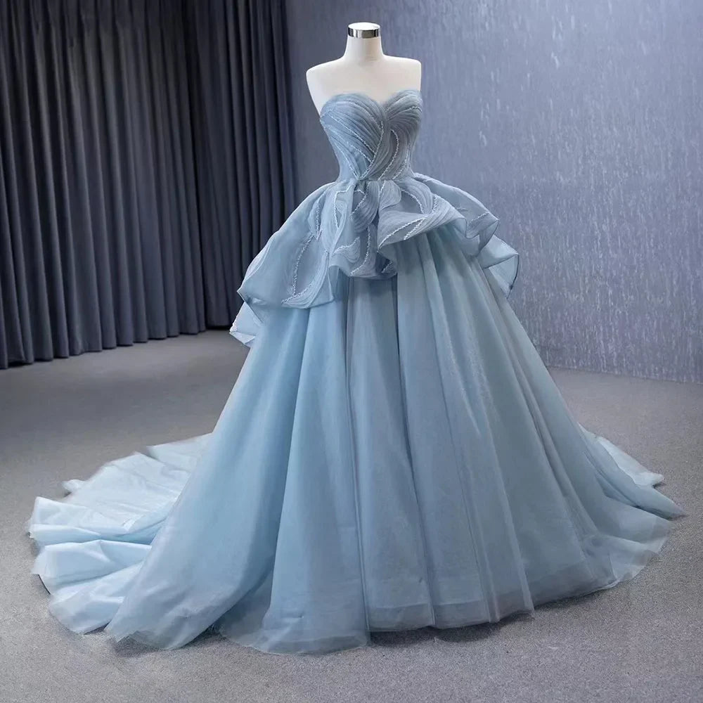 Vestido de novia de alta gama, hecho a medida, gris azul, sin tirantes, con cordones y cuentas, de lujo, HM231064 