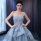 Vestido de novia de alta gama, hecho a medida, gris azul, sin tirantes, con cordones y cuentas, de lujo, HM231064 