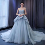 Vestido de novia de alta gama, hecho a medida, gris azul, sin tirantes, con cordones y cuentas, de lujo, HM231064 