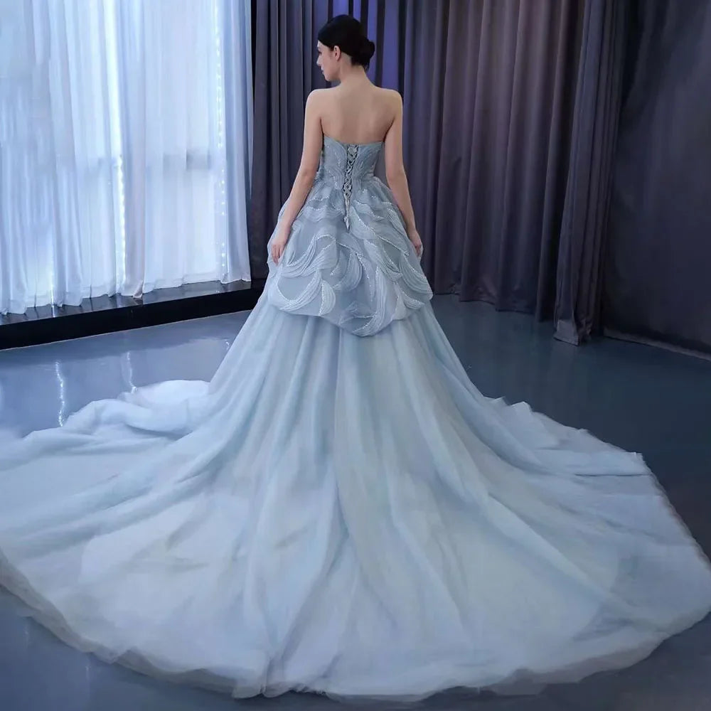 Vestido de novia de alta gama, hecho a medida, gris azul, sin tirantes, con cordones y cuentas, de lujo, HM231064 