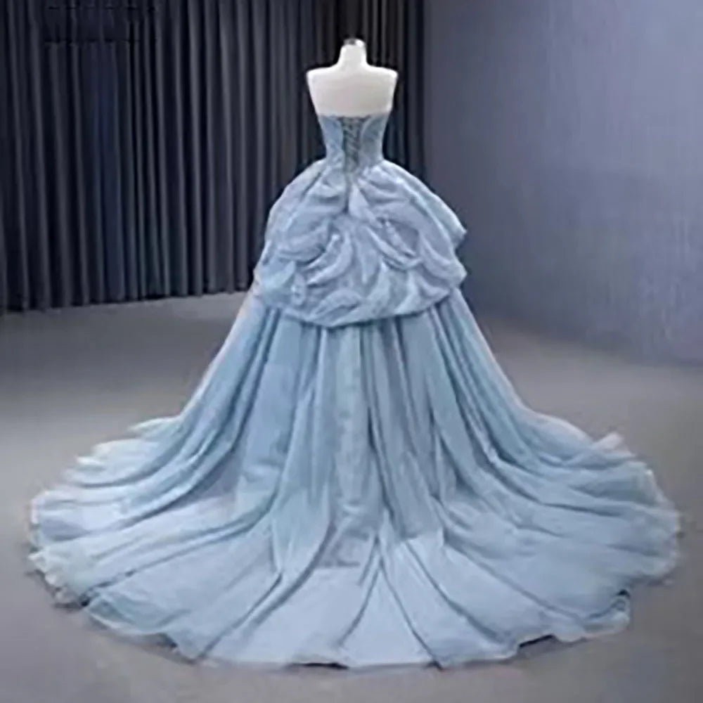 Vestido de novia de alta gama, hecho a medida, gris azul, sin tirantes, con cordones y cuentas, de lujo, HM231064 