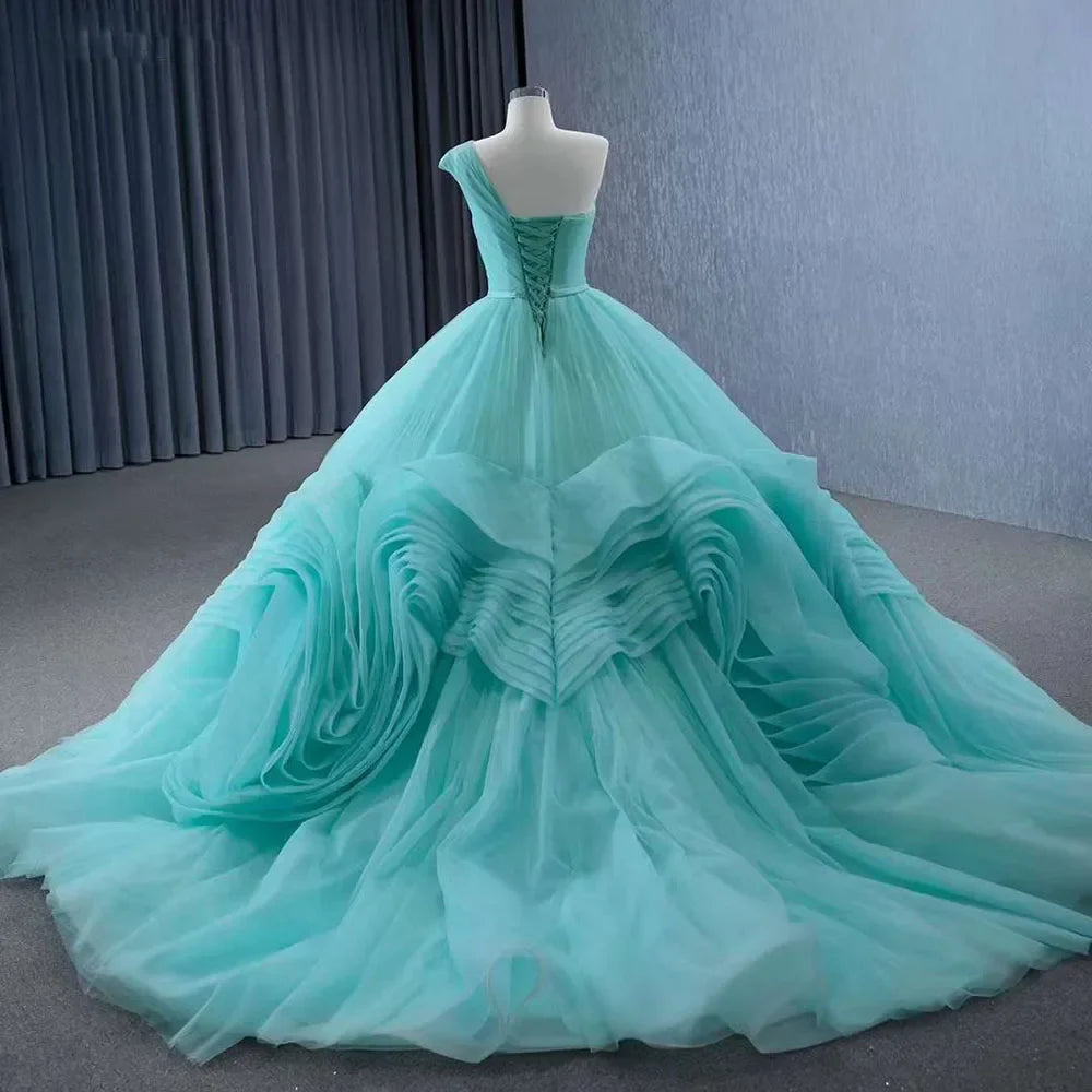High End Custom Made Light Green One Shoulder Lace Up Beaded Luxury Ball Gown Bride Gowns Wedding Dress HM231120