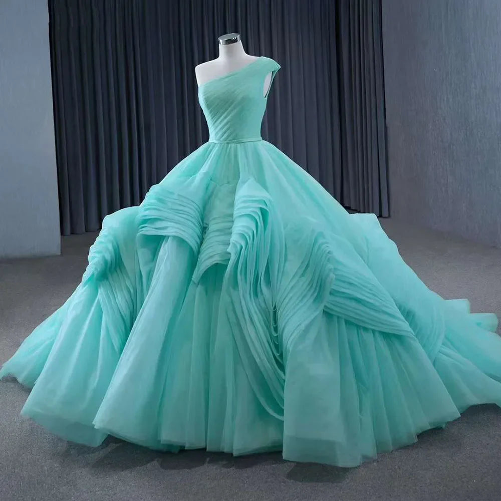 High End Custom Made Light Green One Shoulder Lace Up Beaded Luxury Ball Gown Bride Gowns Wedding Dress HM231120