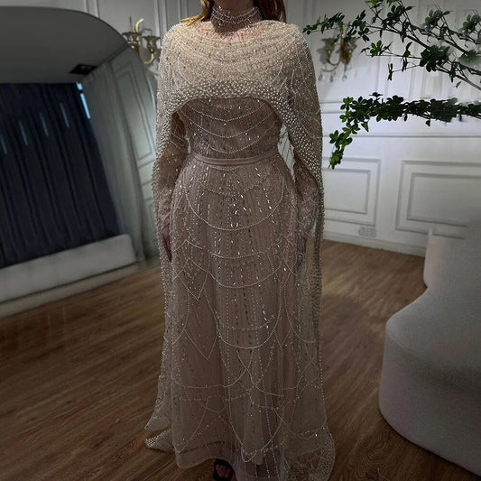 Hijab Muslim Nude A Line Long Cape Hijab Luxury Dubai Evening Dresses Gowns 2025 For Women Wedding Party LA72032B