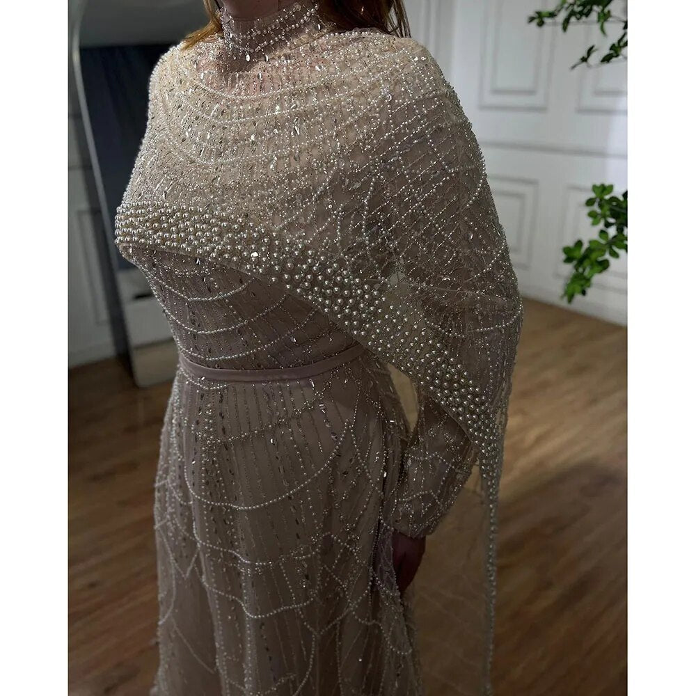 Hijab Muslim Nude A Line Long Cape Hijab Luxury Dubai Evening Dresses Gowns 2025 For Women Wedding Party LA72032B