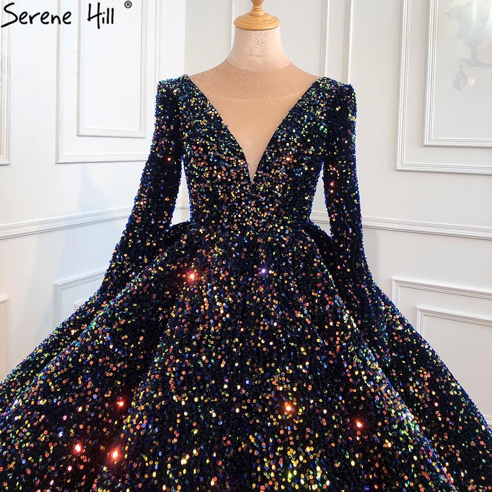 Indigo Blau Gold Luxus Hochzeit Kleider 2025 Pailletten Lange Ärmel Braut Kleid Plus Größe Frauen HA2466 Nach Maß 
