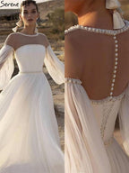 Vestido de noche sexy color marfil con corte en A y mangas farol con cuentas y perlas para mujer, para fiesta, LA71190 