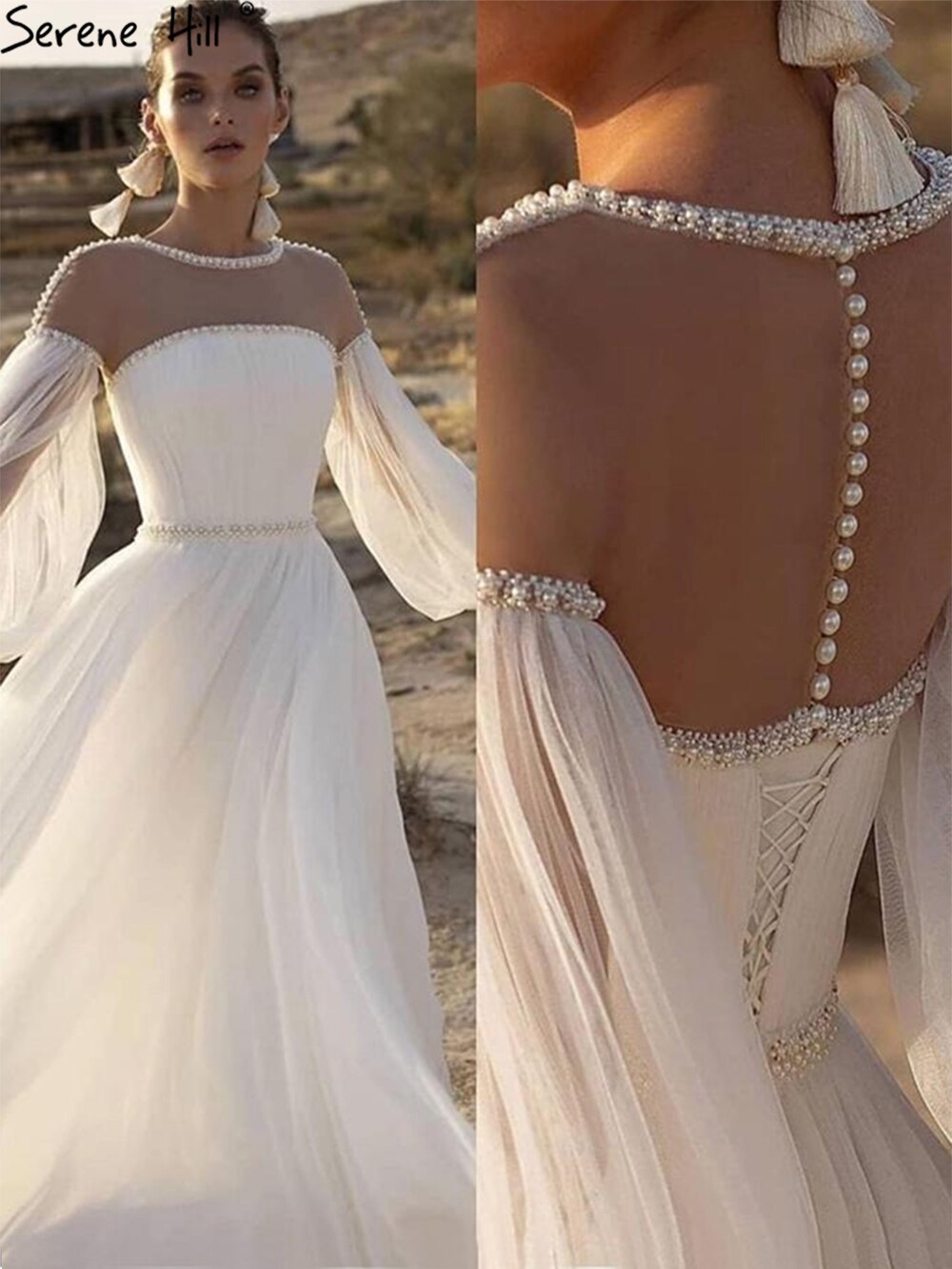 Vestido de noche sexy color marfil con corte en A y mangas farol con cuentas y perlas para mujer, para fiesta, LA71190 