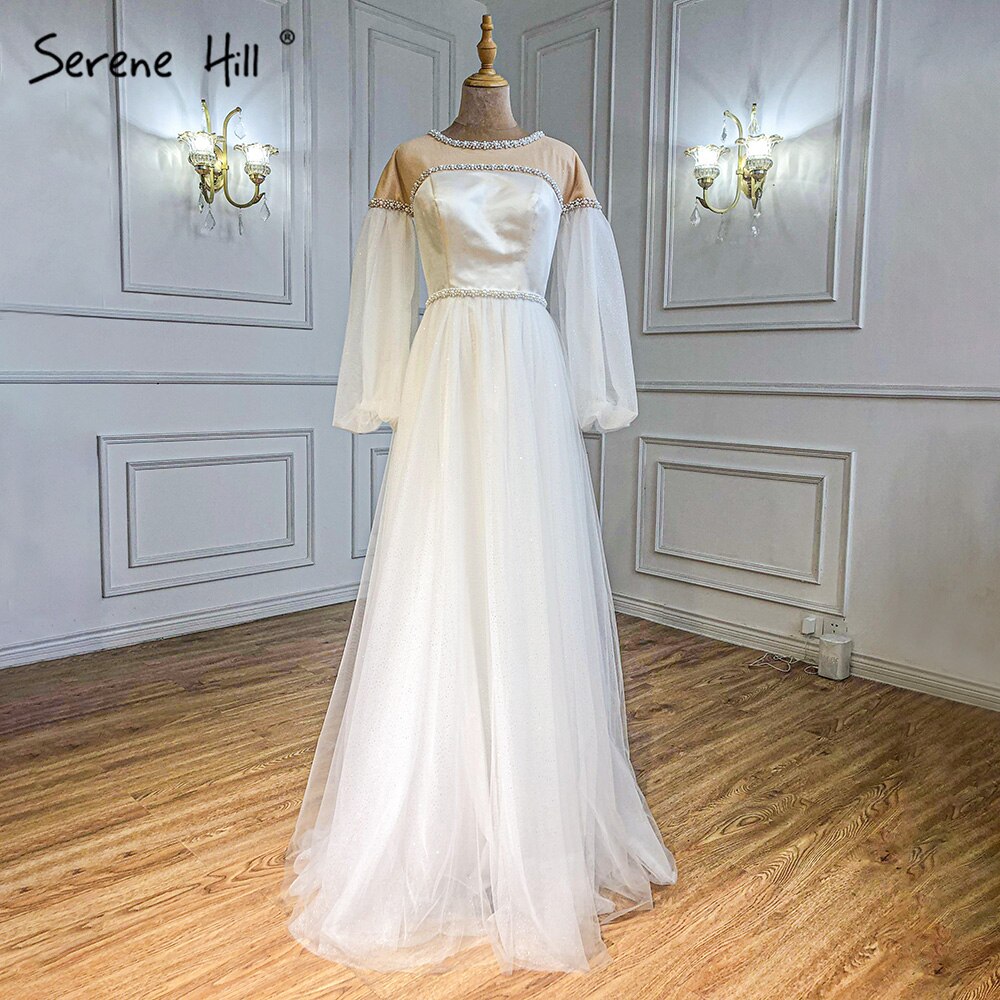 Vestido de noche sexy color marfil con corte en A y mangas farol con cuentas y perlas para mujer, para fiesta, LA71190 