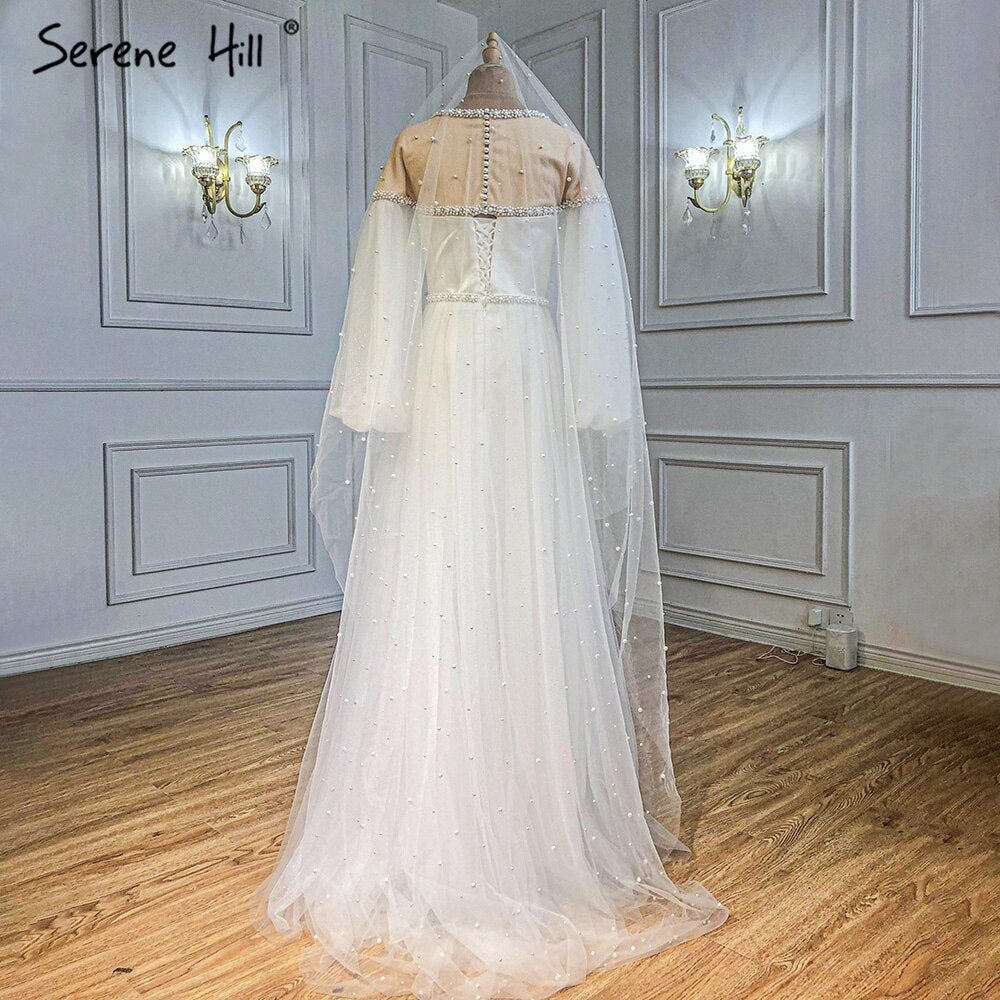 Vestido de noche sexy color marfil con corte en A y mangas farol con cuentas y perlas para mujer, para fiesta, LA71190 