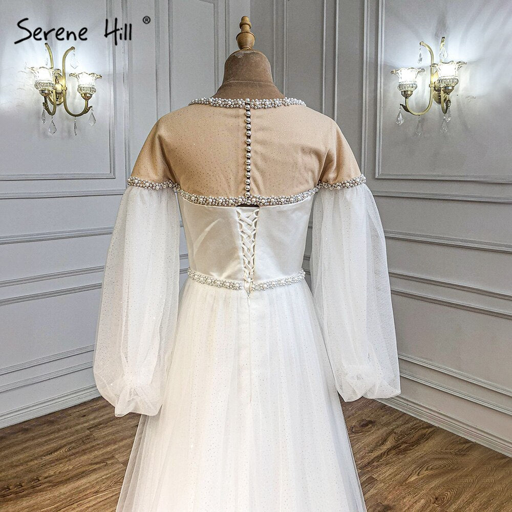 Vestido de noche sexy color marfil con corte en A y mangas farol con cuentas y perlas para mujer, para fiesta, LA71190 