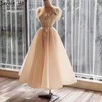 Vestidos de noche color marfil con cuentas, corte A, mangas abullonadas, largo hasta los tobillos, para mujer, fiesta, LA71045 