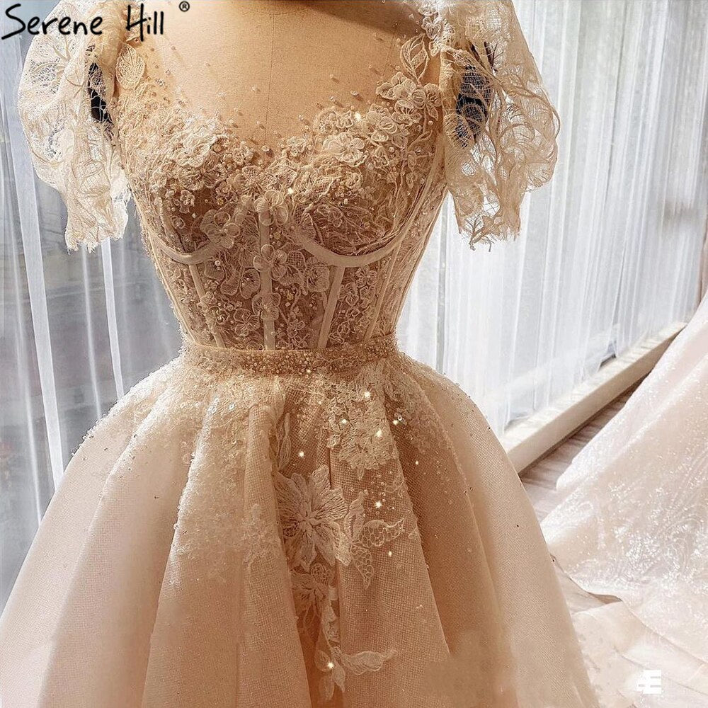Vestidos de noche color marfil con cuentas, corte A, mangas abullonadas, largo hasta los tobillos, para mujer, fiesta, LA71045 