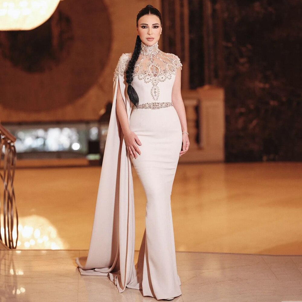 Elfenbein High Neck Cape Sleeve Meerjungfrau Abendkleider Perlen Elegante Kleider 2025 Für Frauen Hochzeit Party LA72045 