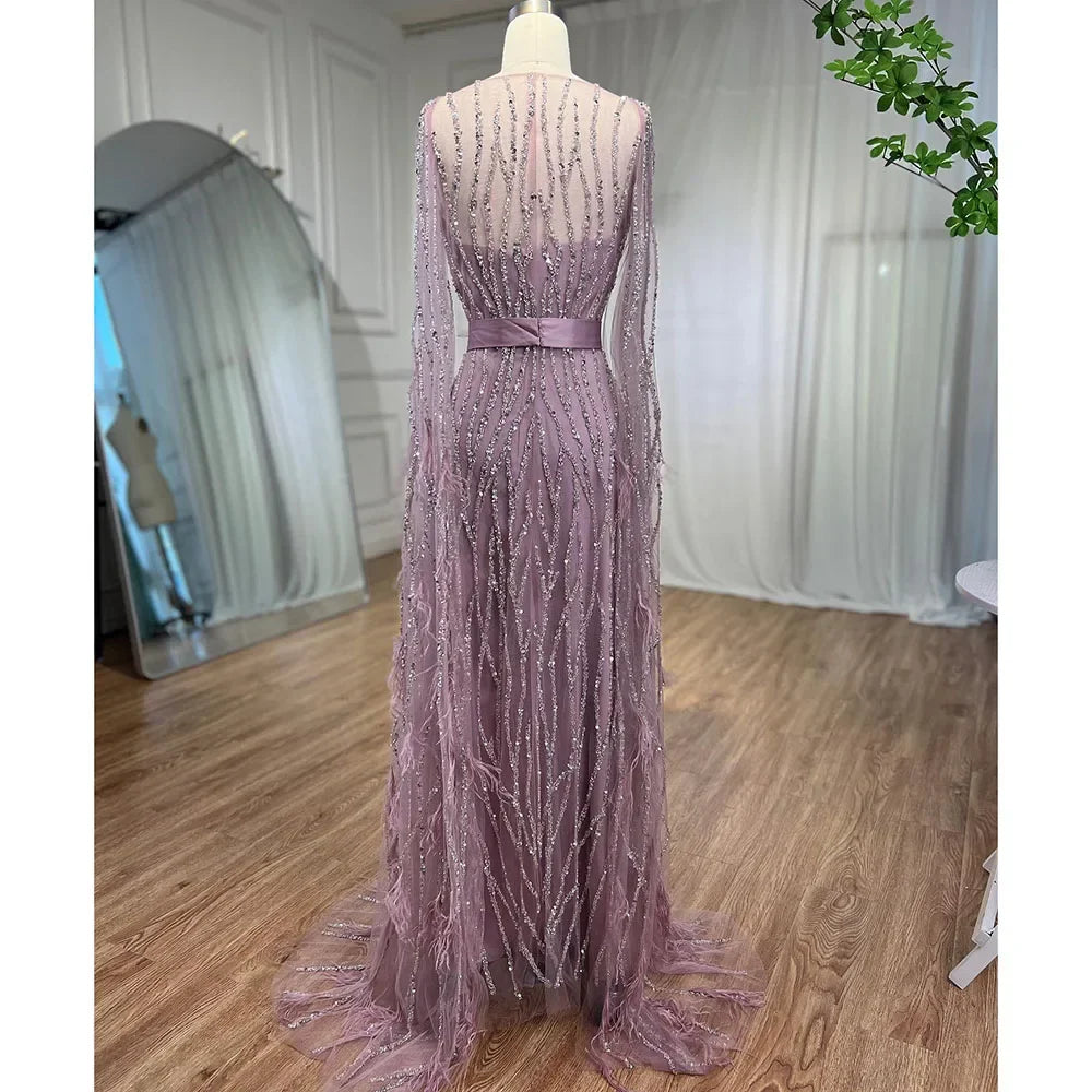 Ivory Mermaid Elegant Feathers Cape Sleeves Square Beaded Luxury Evening Dresses Gowns Caftan Marocain 2025 LA71748