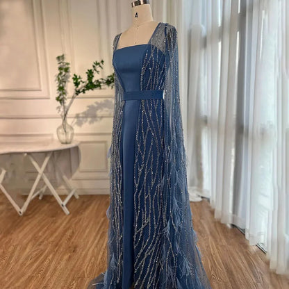 Ivory Mermaid Elegant Feathers Cape Sleeves Square Beaded Luxury Evening Dresses Gowns Caftan Marocain 2025 LA71748