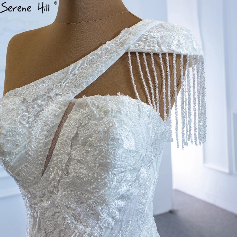Vestido de novia vintage de sirena color marfil 2025, un hombro, encaje con cuentas, sexy, de alta gama HM67187 