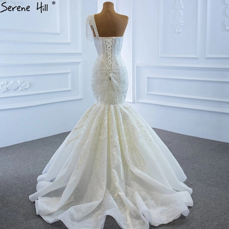 Vestido de novia vintage de sirena color marfil 2025, un hombro, encaje con cuentas, sexy, de alta gama HM67187 