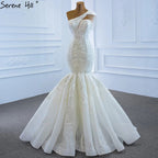 Vestido de novia vintage de sirena color marfil 2025, un hombro, encaje con cuentas, sexy, de alta gama HM67187 