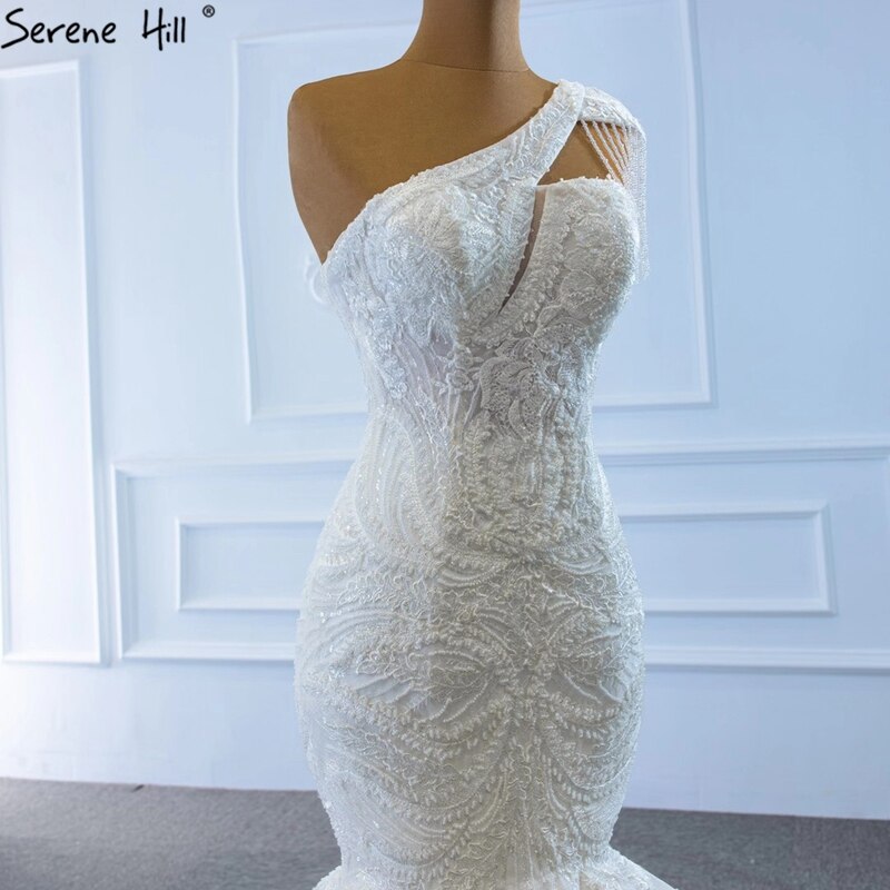 Vestido de novia vintage de sirena color marfil 2025, un hombro, encaje con cuentas, sexy, de alta gama HM67187 