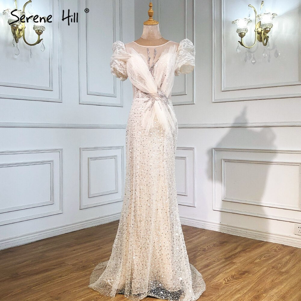 Elfenbein Puffärmel Meerjungfrau Abendkleider Kleider 2025 Perlen Elegante Luxus Für Frauen Party LA71300 