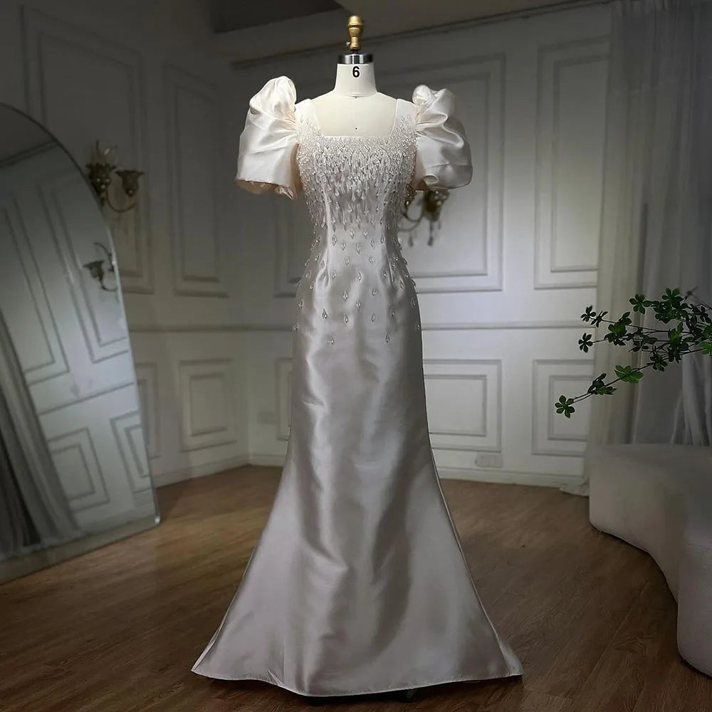 Elfenbein Satin Meerjungfrau Liebsten Puff Ärmeln Kristall Perlen Abendkleider Kleider Für Frauen Hochzeit Party 2025 LA72217 