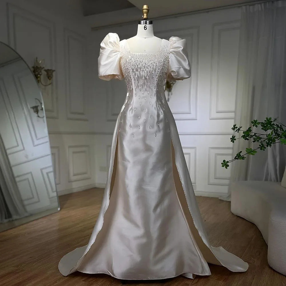 Elfenbein Satin Meerjungfrau Liebsten Puff Ärmeln Kristall Perlen Abendkleider Kleider Für Frauen Hochzeit Party 2025 LA72217 