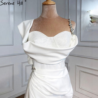 Ivory Satin Split Evening Dresses Gowns 2025 One Shoulder Beading Sexy For Women Party LA70886
