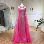 Elegantes langes Meerjungfrauenkleid für Damen für Hochzeiten, Fuchsia, mit Cape-Ärmeln, Perlenbesatz, Federverzierungen 2025 LA72286 