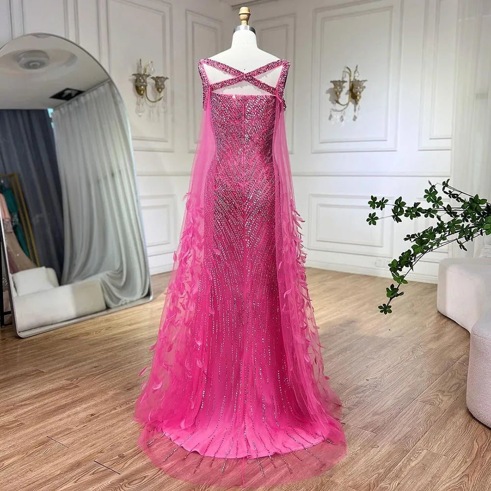 Elegantes langes Meerjungfrauenkleid für Damen für Hochzeiten, Fuchsia, mit Cape-Ärmeln, Perlenbesatz, Federverzierungen 2025 LA72286 