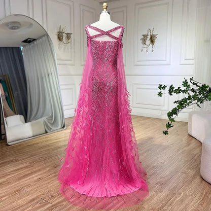 Ladies Wedding Party Elegant Fuchsia Mermaid Long Dress with Cape Sleeves Beading Feather Embellishments 2025 LA72286