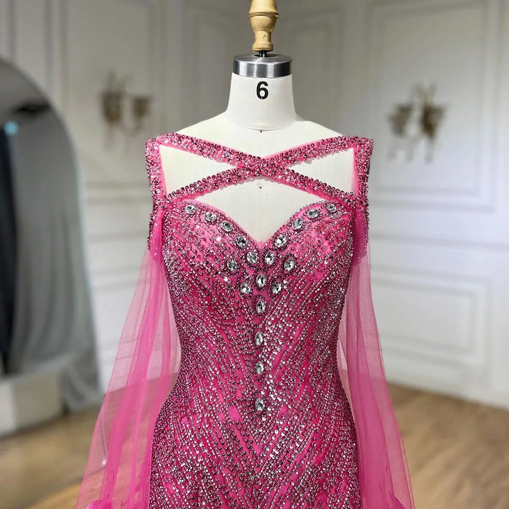 Elegantes langes Meerjungfrauenkleid für Damen für Hochzeiten, Fuchsia, mit Cape-Ärmeln, Perlenbesatz, Federverzierungen 2025 LA72286 