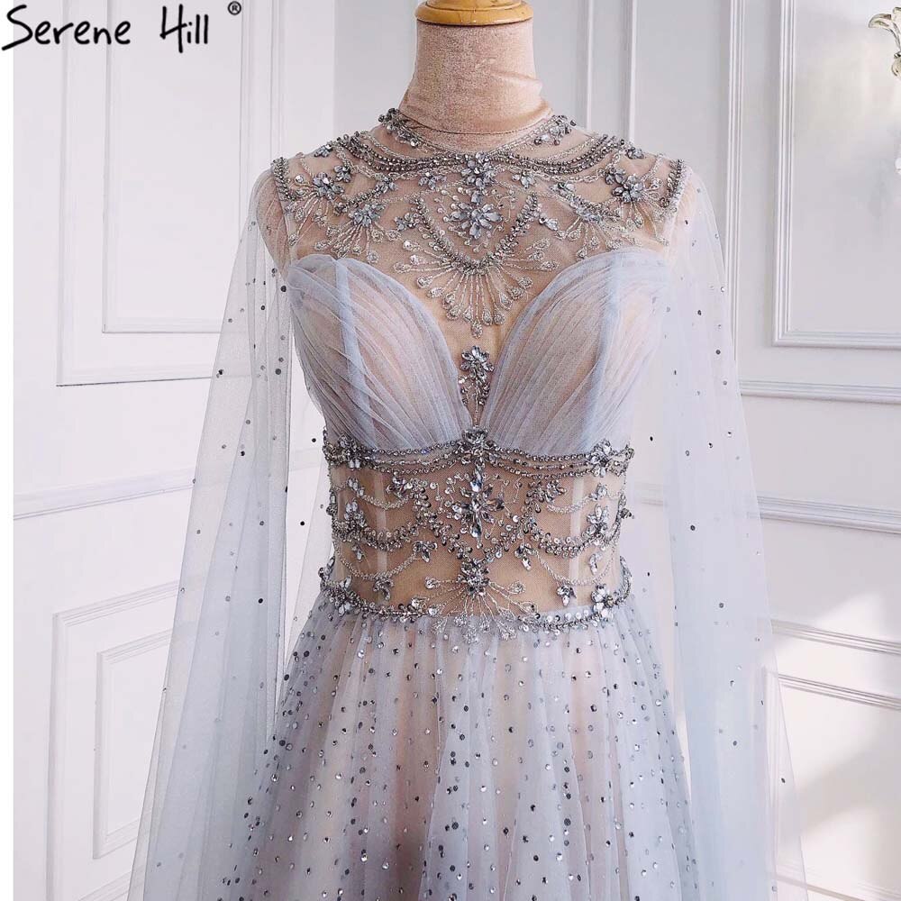 Hellgraue Luxus-A-Linie Abendkleider 2025 mit Diamant-Perlen-Cape-Ärmeln für Damen-Party LA70892 