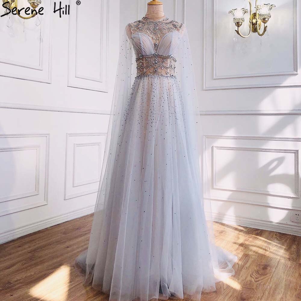 Hellgraue Luxus-A-Linie Abendkleider 2025 mit Diamant-Perlen-Cape-Ärmeln für Damen-Party LA70892 