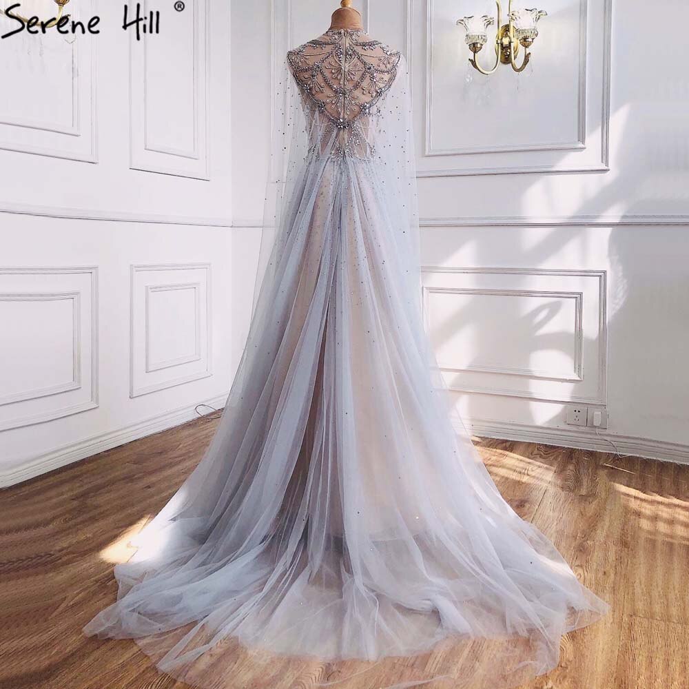Hellgraue Luxus-A-Linie Abendkleider 2025 mit Diamant-Perlen-Cape-Ärmeln für Damen-Party LA70892 