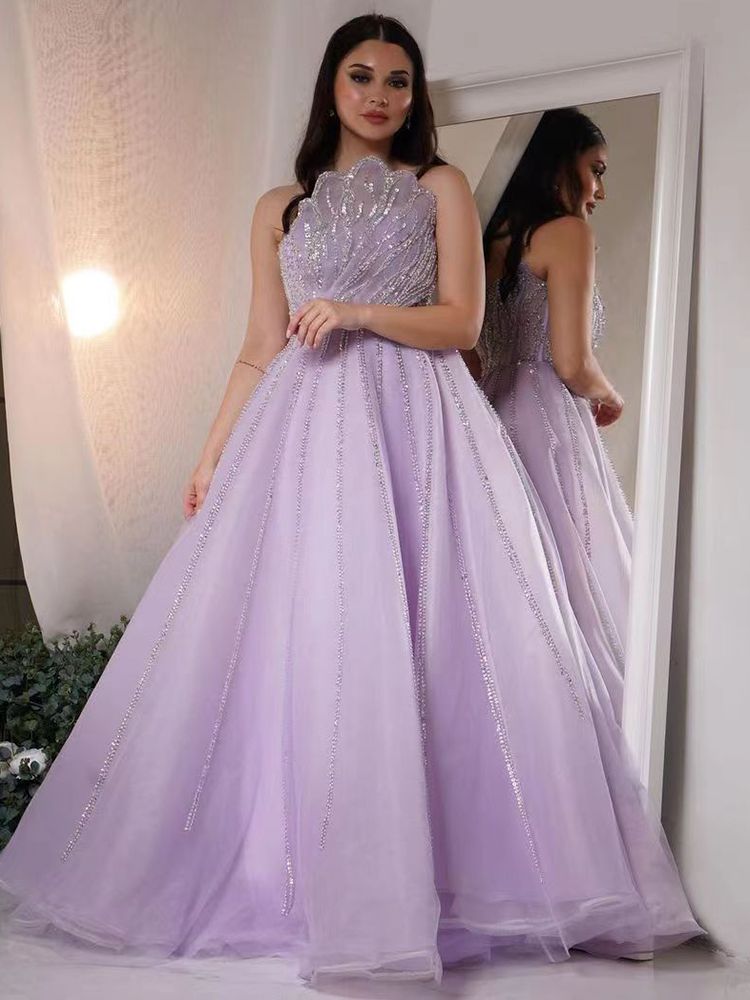 Vestido de noche elegante, festoneado, sin tirantes, color lila, corte A, sexy, con cuentas, para mujer, boda, fiesta, LA71643 