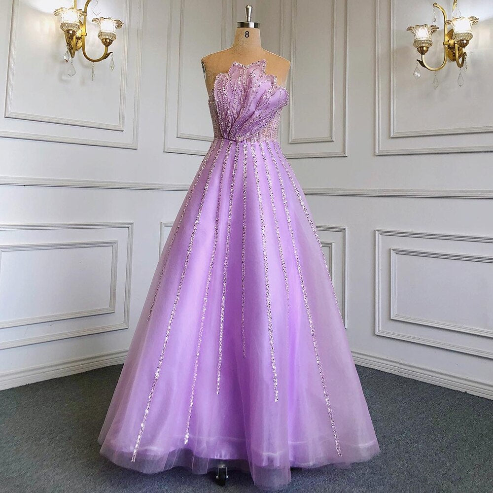 Vestido de noche elegante, festoneado, sin tirantes, color lila, corte A, sexy, con cuentas, para mujer, boda, fiesta, LA71643 