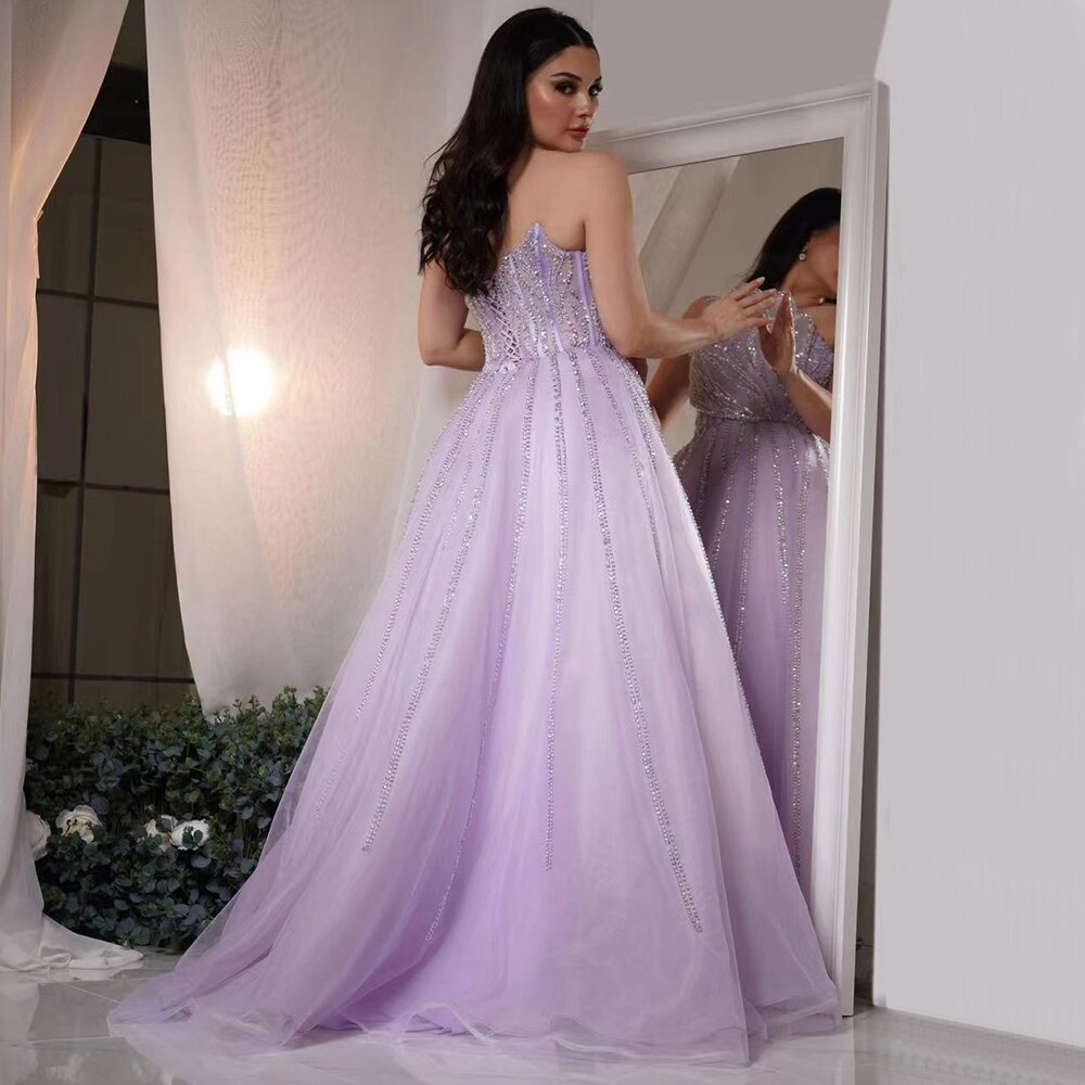 Vestido de noche elegante, festoneado, sin tirantes, color lila, corte A, sexy, con cuentas, para mujer, boda, fiesta, LA71643 
