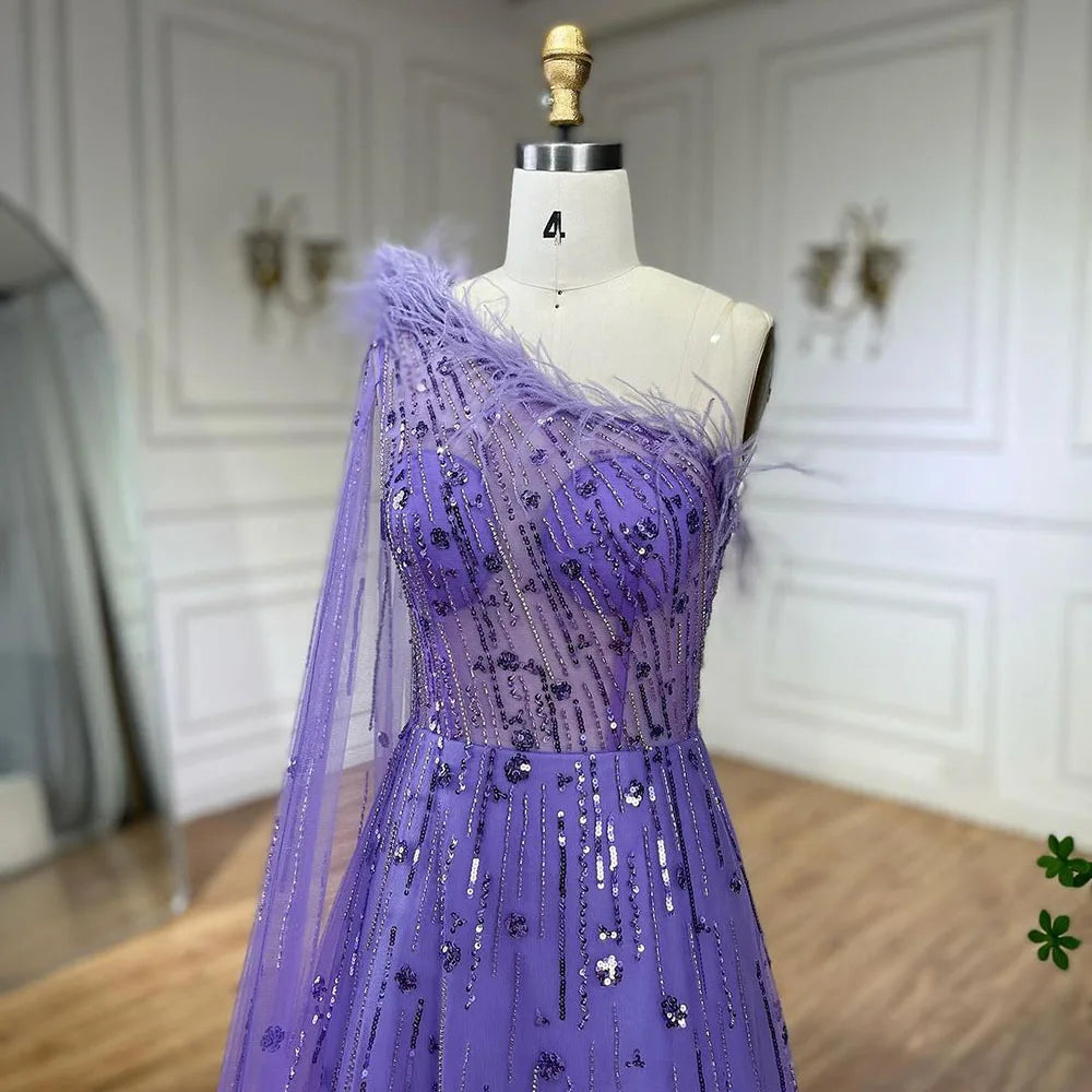 Vestido de noche de lujo color lila, corte A, un hombro, mangas capa, plumas y cuentas, para mujer, fiesta de boda LA72503A 