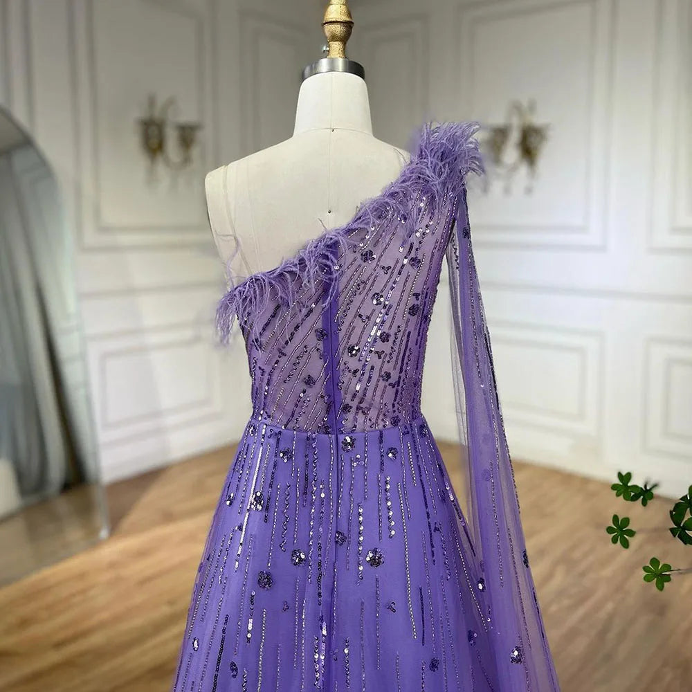 Vestido de noche de lujo color lila, corte A, un hombro, mangas capa, plumas y cuentas, para mujer, fiesta de boda LA72503A 