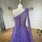 Vestido de noche de lujo color lila, corte A, un hombro, mangas capa, plumas y cuentas, para mujer, fiesta de boda LA72503A 